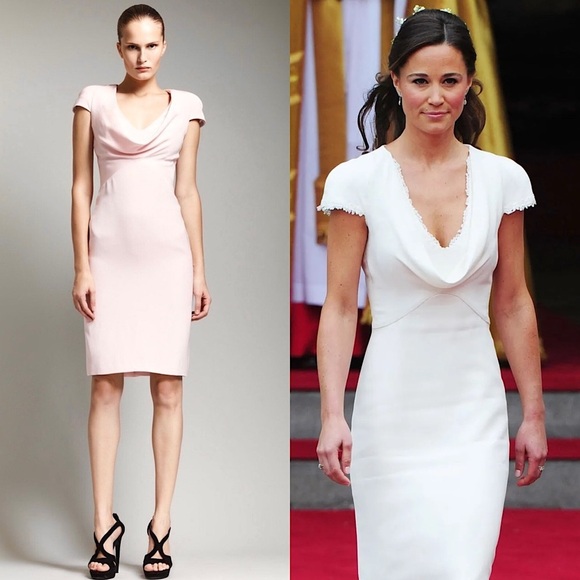 ALEXANDER MCQUEEN Blush Silk Crepe Draped Cowl Neck Short Sleeve Sheath Dress 10 - Picture 1 of 9